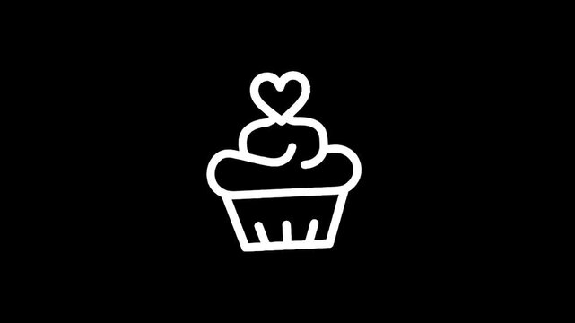 Simple white line art cupcake with heart on black background