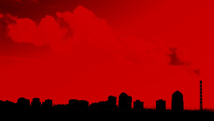 A poster style image of the dark outlines of multi-story apartment buildings and a factory chimney...