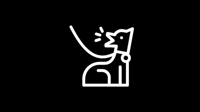 Stylized white line icon of a dog on a leash barking, isolated on black