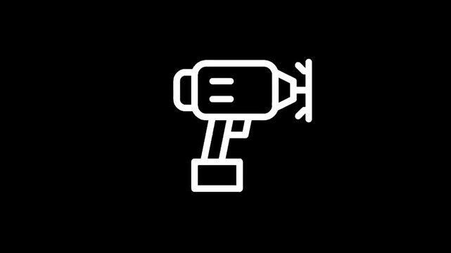 White line art icon of a drill making a hole in a wall on a black background