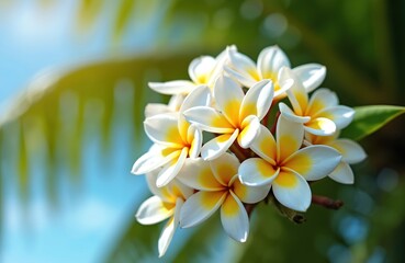 Obraz premium White and yellow plumeria flowers bloom vibrantly. Delicate petals unfurl under clear blue skies. Palm fronds create soft background shapes. Nature beauty.