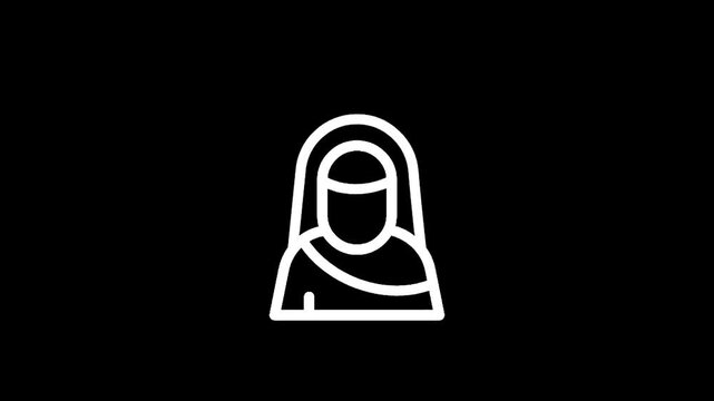 Simple white outline icon of a person wearing a headscarf and robe on a black background