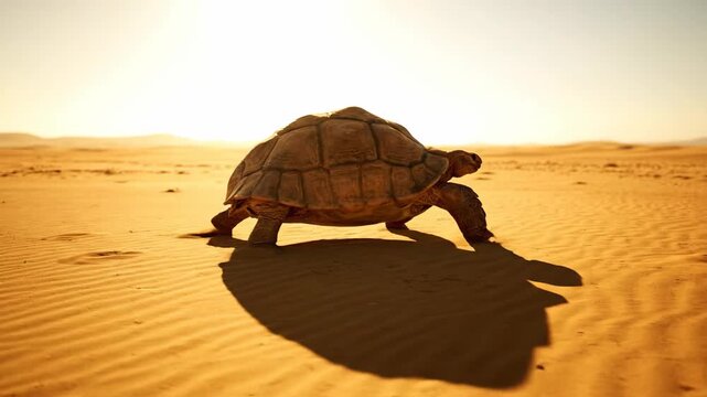 Desert tortoise walking slowly in the sand, golden light. Nature, wildlife, travel, adventure, survival. Animal. One animal. 