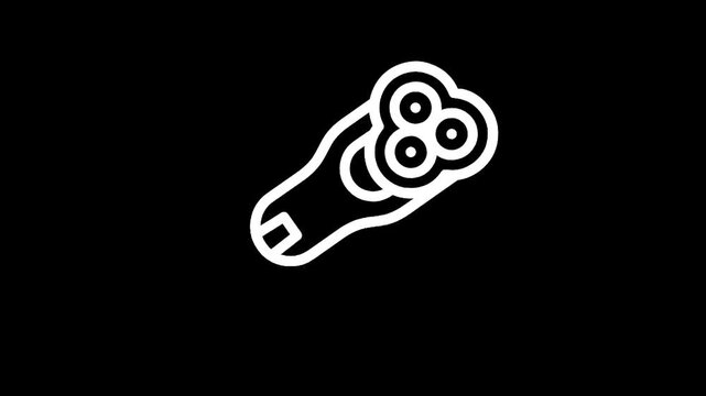 Simple white outline icon of a rotary electric shaver on a black background