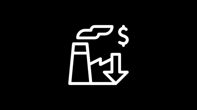Industrial production cost reduction icon with factory and downward arrow