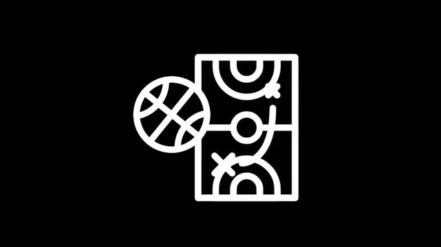 Basketball strategy icon with court diagram and ball on black background