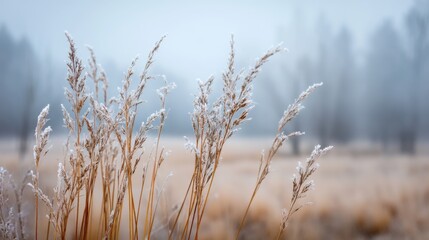 Fototapeta premium Frost-covered grasses swaying in a foggy meadow during a serene winter morning creating a tranquil and peaceful landscape scene