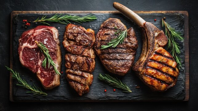 Assorted grilled cuts of steak with fresh rosemary on slate board.