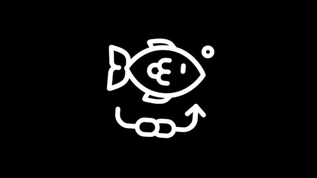 Simple line art icon of a fish with a fishing hook and knot