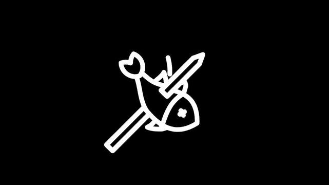 Stylized white line art of a fish impaled on a sword against a black background