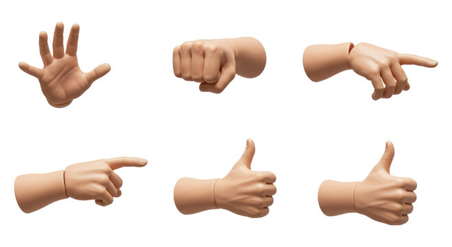 Six 3D rendered hands in various gestures including pointing, thumbs up, fist and open palm on a transparent background