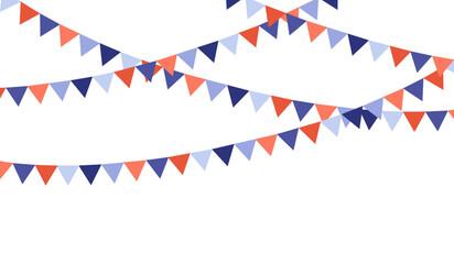 Minimal vector illustration of hanging bunting banners with triangular flags in blue, coral and white tones, arranged on a white background. Clean shapes and simple composition for festive or decorati