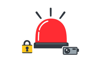 Fototapeta premium Red warning light, lock, and security camera placed together, showing focus on safety and security devices in use in a neighborhood setting for protection
