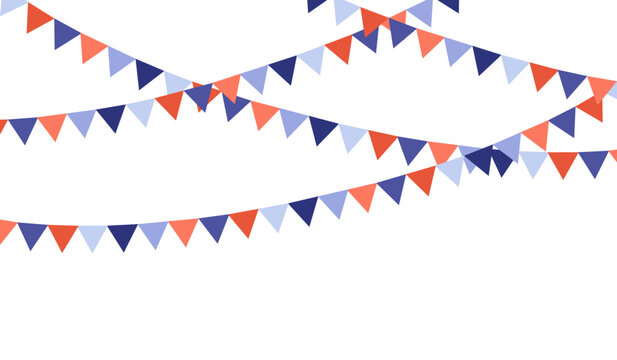 Minimal vector illustration of hanging bunting banners with triangular flags in blue, coral and white tones, arranged on a white background. Clean shapes and simple composition for festive or decorati