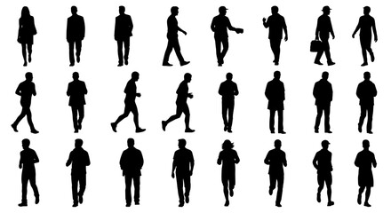 Fototapeta premium Diverse collection of stylized human silhouettes illustrating various everyday movements and poses, ideal for graphic design elements and architectural visualization projects