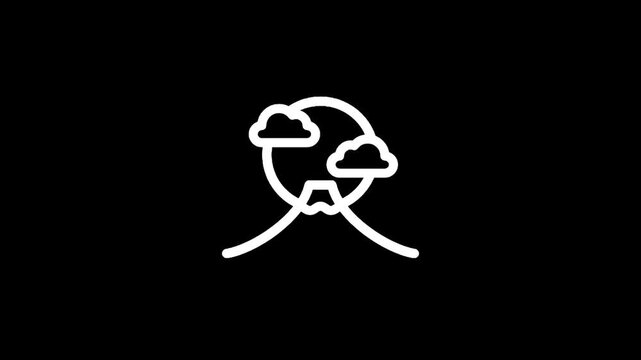 Minimalist icon of Mount Fuji with clouds and sun, representing Japan and nature