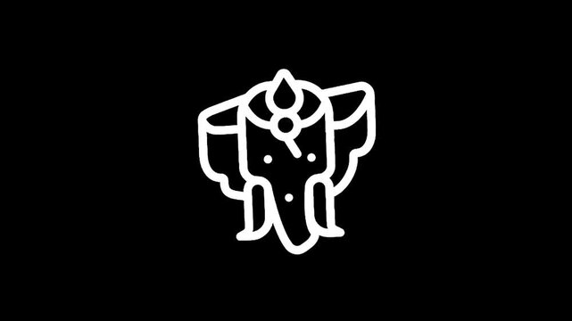 Stylized white elephant head icon with ornate headdress on black background