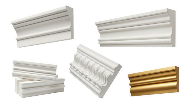 Assortment of classical white and gold crown molding and cornice trim samples in various decorative profiles