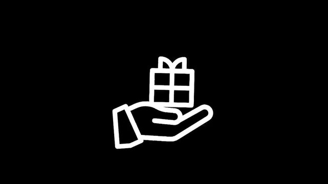 Hand holding a gift box with a ribbon, simple white line art icon on black background