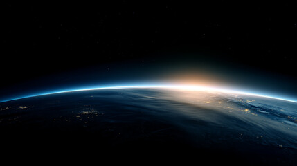 Obraz premium Earth seen from orbit during early sunrise, curved planet surface occupying the bottom third of the frame, fading city lights transitioning into soft daylight, thin glowing atmosph