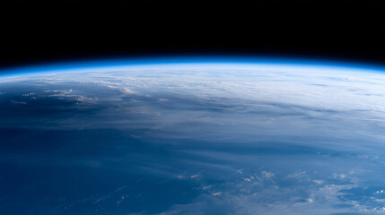 Fototapeta premium Earth, long curved horizon stretching across frame, thin soft blue atmosphere, evenly illuminated clouds and continents, neutral exposure, flattened contrast, realistic satellite s