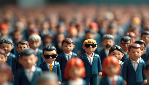 Miniature figurines of people in suits stand close together. Diverse group of tiny figures with different faces, hairstyles represent busy crowd. Appear in formal attire ready for event meeting.