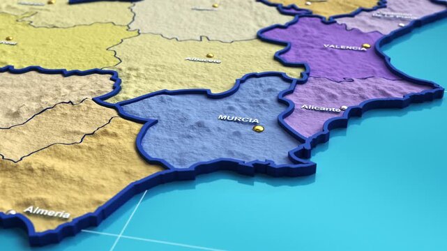 3D animation of a map of Spain zooming into the Murcia region