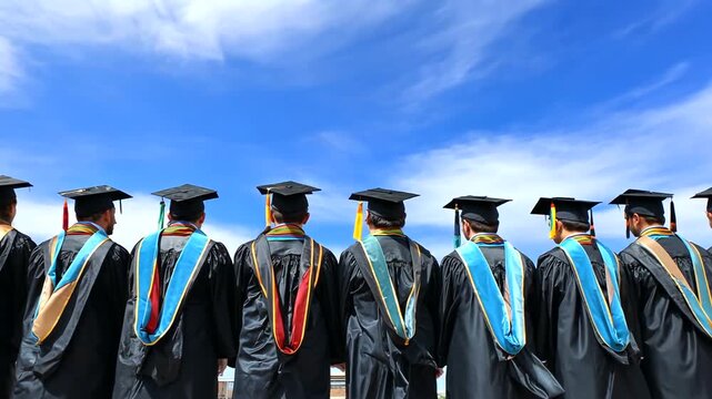 Row of graduates facing blue, partly cloudy sky wearing gowns and caps