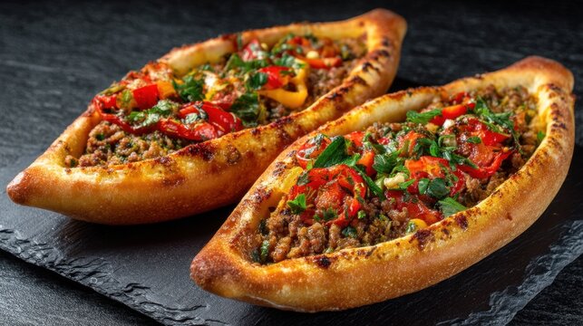 Delicious turkish pide with ground meat and vegetables on slate background.