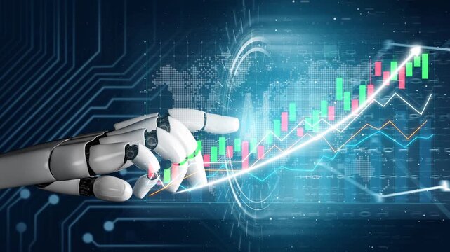 A robotic hand interacts with an advanced digital stock market graph, highlighting trends and data analytics in a futuristic setting, emphasizing technology role in finance. Copula