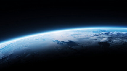 space banner with Earth curved horizon at bottom edge, thin atmospheric rim, deep black space filling most of frame, rocket already out of frame, very large clean copy space above,