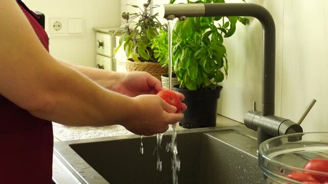 Woman cooking sauce with fresh tomato at the kitchen