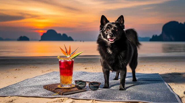 Black schipperke dog relaxing on tropical beach with cocktail during beautiful sunset