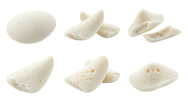 White porous cuttlebone fragments arranged on a transparent background, showing curved, chalky, lightweight texture used as a natural calcium source and beak conditioning aid for pet birds