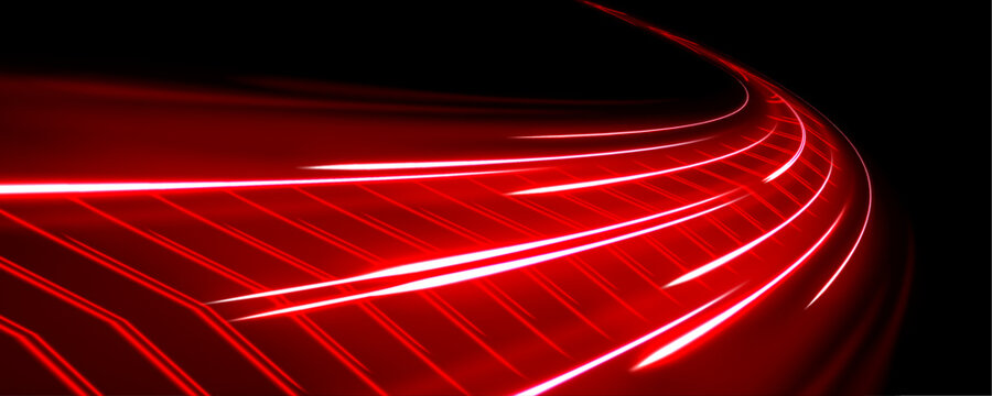 Red neon waves flow along a dark urban street. Motion streaks pulse with dynamic energy, showing rapid motion. Futuristic vector illustration with glowing lines.