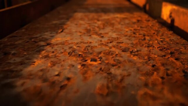 Surface texture with cracked rust on orange weathered metal object. Decay, aged.