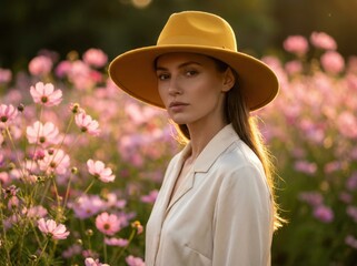 European woman fashion model in wide-brim yellow hat among soft pink flowers, dramatic editorial light, luxe textures and soft bokeh background