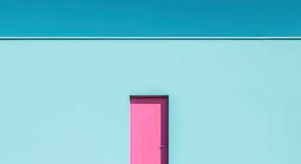 Vivid pink door in a pastel blue wall under a clear turquoise sky, minimalist architecture with bold color blocking and calm urban mood

