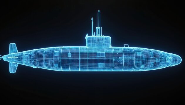 Blue wireframe of US military submarine with intricate details shown. Nautical vessel design, industrial blueprint style, silent underwater craft ready for mission.