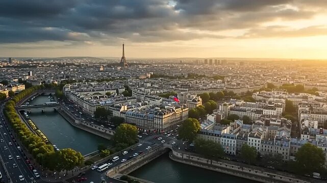 Paris Cityscape with Gargoyle Statues at Sunset.