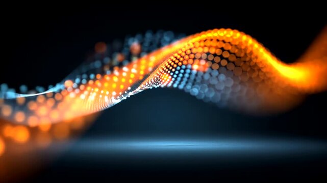 Abstract wavy pattern of glowing orange and blue dots on dark background.