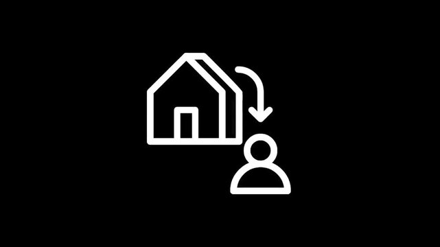 Simple icon representing a house with an arrow pointing from it to a person silhouette