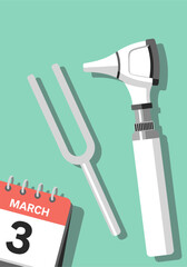 Otoscope and Tuning Fork with March 3 Calendar for World Hearing Day