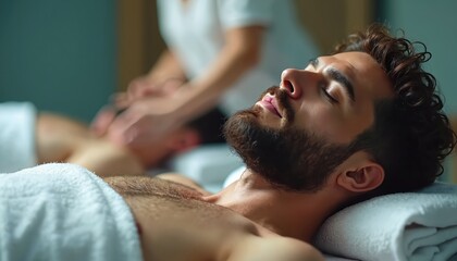 Fototapeta premium Man gets therapeutic massage in serene spa room. Relaxed male enjoys body treatment on massage table. Pro therapist performs gentle hand strokes on client for ultimate wellness and relaxation.