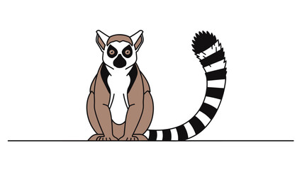 Cartoon lemur with black and white striped tail sitting down on white background © Sendal