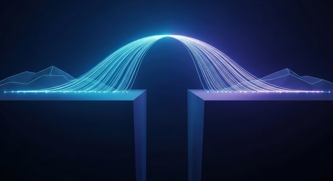 Glowing abstract data stream forming a bridge over a digital chasm