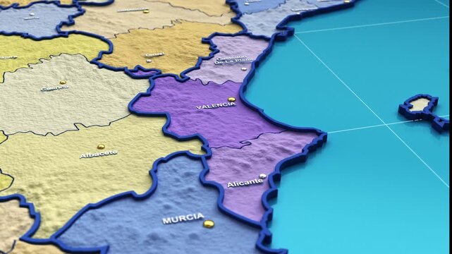 3D animation of a map of Spain zooming into the Valencian Community