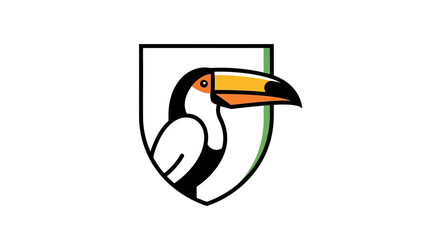 Obraz premium A stylized toucan bird, black and white outline, within a shield shape with yellow beak