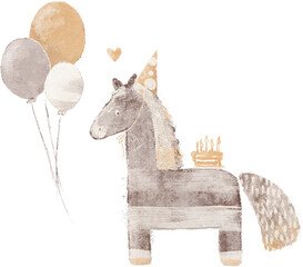 Whimsical Horse Birthday Illustration. Stylized horse with a party hat, a birthday cake and balloons.