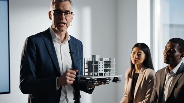 Senior engineer demonstrates seismic base isolation on a building scale model to colleagues, explaining structural resilience and earthquake safety measures in a bright modern conference room